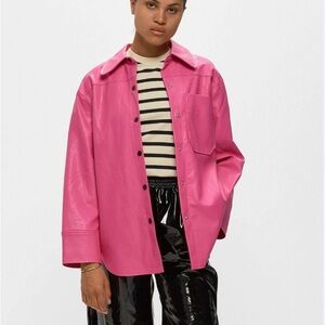 Pink faux leather shirt jacket